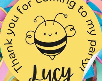 Personalised Bee Party Bag Stickers, Custom Name Labels (2" Round)