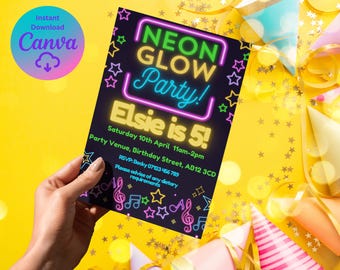 Neon Glow Birthday Invitation Template | Editable Kids Party Invite (Digital Download)