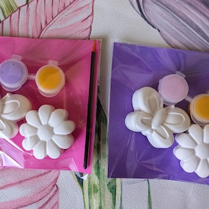 clear, self-sealed 10cm x 10cm cellophane bags containing 2 plaster moulds of a butterfly shape and a flower with a mini paintbrush and 2 paint colours. Paint colours are lilac and yellow/pink and yellow and everything is on a bright pink or bright purple backing card. Perfect for party bag fillers.