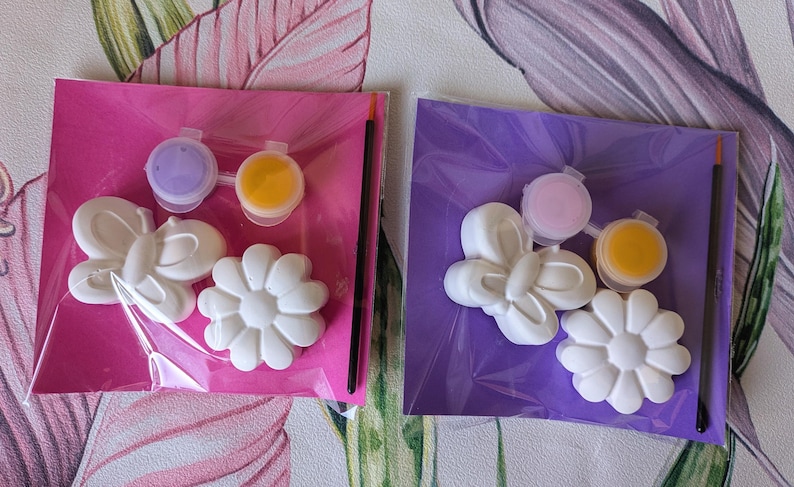 clear, self-sealed 10cm x 10cm cellophane bags containing 2 plaster moulds of a butterfly shape and a flower with a mini paintbrush and 2 paint colours. Paint colours are lilac and yellow/pink and yellow and everything is on a bright pink or bright purple backing card. Perfect for party bag fillers.