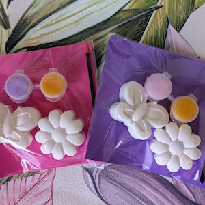 clear, self-sealed 10cm x 10cm cellophane bags containing 2 plaster moulds of a butterfly shape and a flower with a mini paintbrush and 2 paint colours. Paint colours are lilac and yellow/pink and yellow and everything is on a bright pink or bright purple backing card. Perfect for party bag fillers.