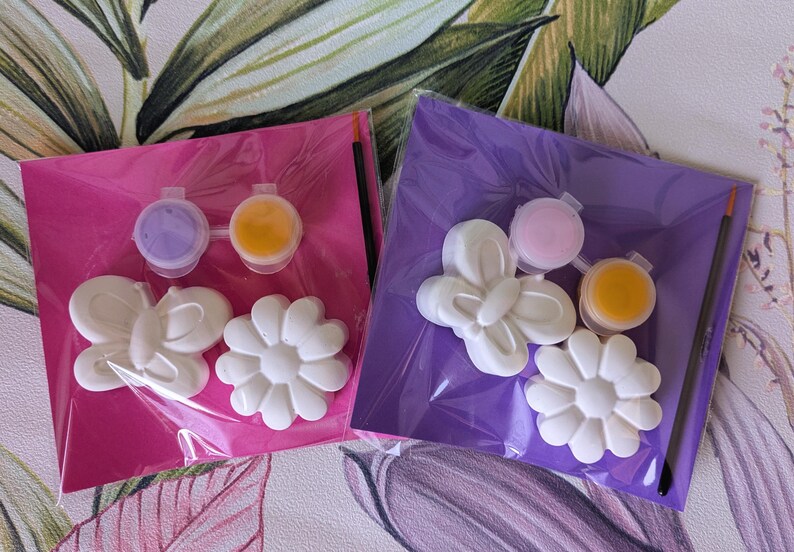 clear, self-sealed 10cm x 10cm cellophane bags containing 2 plaster moulds of a butterfly shape and a flower with a mini paintbrush and 2 paint colours. Paint colours are lilac and yellow/pink and yellow and everything is on a bright pink or bright purple backing card. Perfect for party bag fillers.