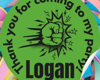Personalised Hulk Man Party Bag Stickers, Custom Name Labels (2" Round)