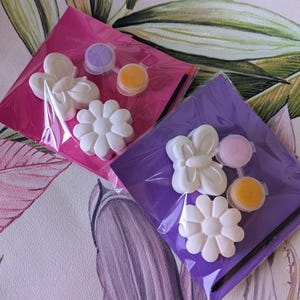 clear, self-sealed 10cm x 10cm cellophane bags containing 2 plaster moulds of a butterfly shape and a flower with a mini paintbrush and 2 paint colours. Paint colours are lilac and yellow/pink and yellow and everything is on a bright pink or bright purple backing card. Perfect for party bag fillers.