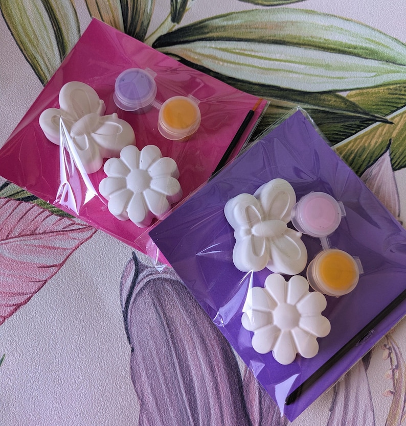clear, self-sealed 10cm x 10cm cellophane bags containing 2 plaster moulds of a butterfly shape and a flower with a mini paintbrush and 2 paint colours. Paint colours are lilac and yellow/pink and yellow and everything is on a bright pink or bright purple backing card. Perfect for party bag fillers.