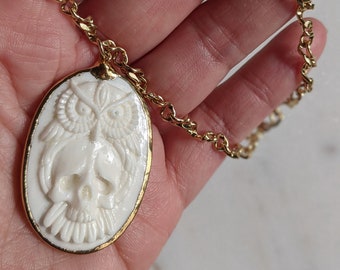 Owl and Skull Tattoo Necklace | Carved Bovine Bone Pendant | Enamel Cross Pendant