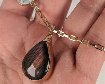Labradorite Teardrop Necklace with Dendritic Opal and Gold OOAK