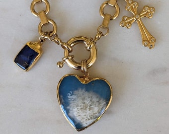 Stone Heart Pendant | Plume Agate Jewelry | Pave Cross Necklace | Cross Necklace Charm | Electroformed Jewelry