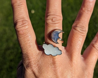 Namibian Chalcedony Moon Face and and Moonstone Cloud Open Ring Size 7, Crescent Moon Ring Gold Chlacedony Dainty Moonstone Ring