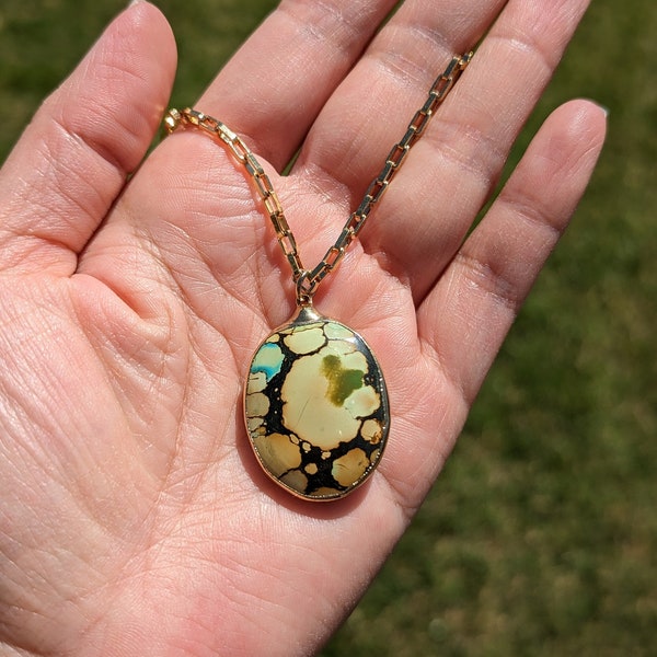 Green Brown Hubei Turquoise Electroformed Necklace, Turquoise Pendant Light