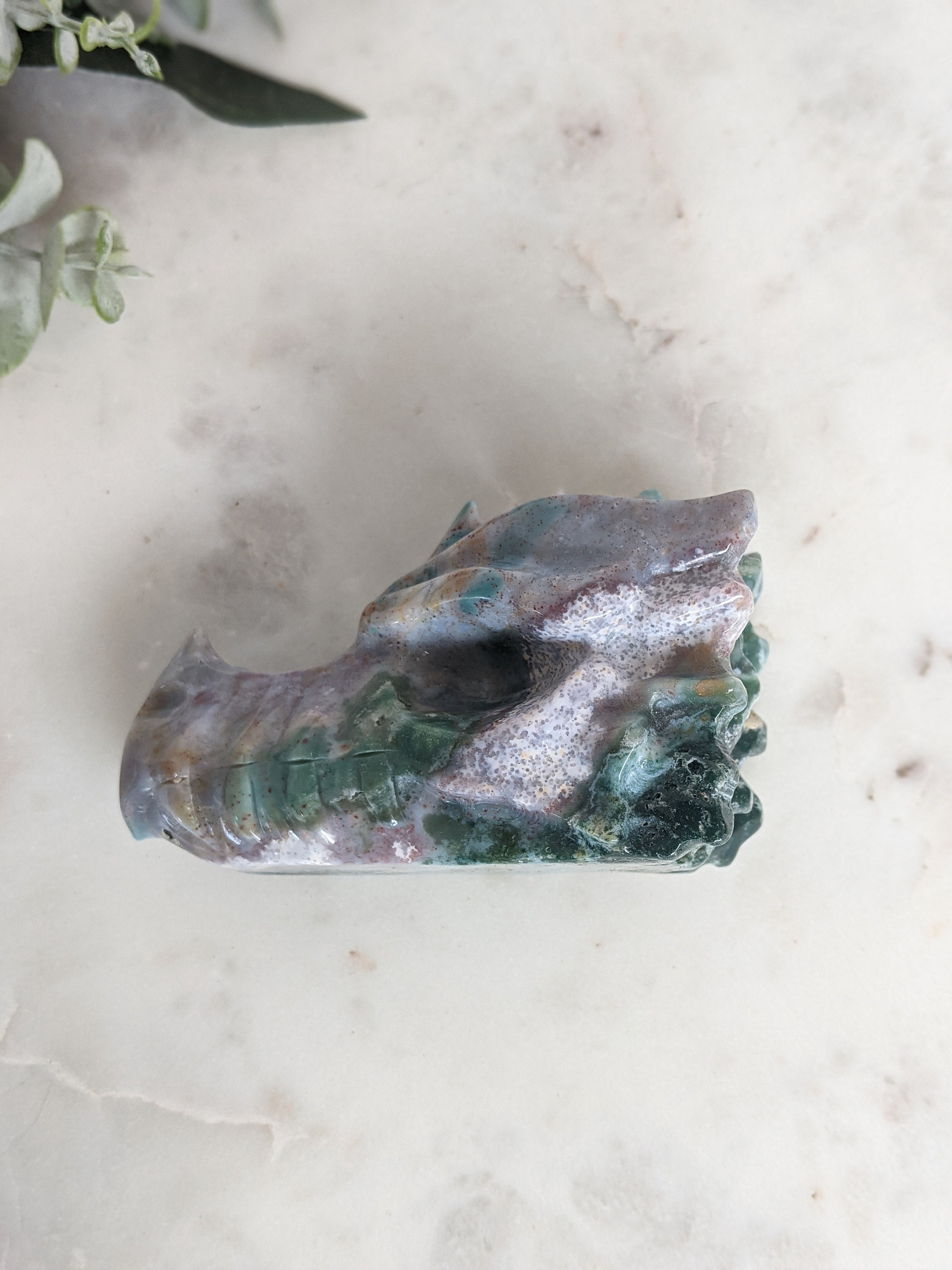 Dragon Carving | Crystal Dragon Skull | Rare Moss Agate Ocean Jasper Dragon | Colorful Ocean Jasper | Pastel Crystal Dragon