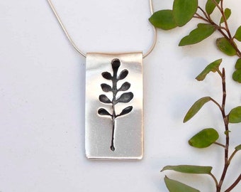 Silver Flower Necklace , Plant Pendant Necklace , Black Tree Necklace
