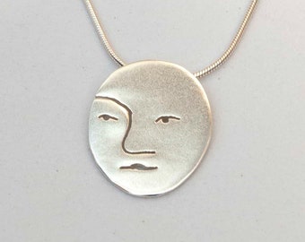 Face Necklace , Silver Oval Face Pendant Necklace , Minimalist Face Charm Necklace , Handcrafted Face Necklace with Unique Expression