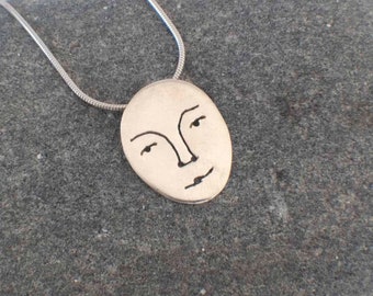 Face Necklace , Silver Oval Face Pendant Necklace , Minimalist Round Face Charm Necklace , One of a Kind Pendant