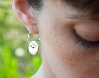 Silver Disc Hoop Earrings , Layered Discs Drop Earrings with Gold filled center , Handmade Sterling Silver Disk Earrings