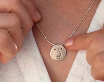 Silver Face Necklace , Round Face Pendant Necklace , Minimalist Face Charm Necklace , One of a Kind Pendant , girlfriend christmas gift