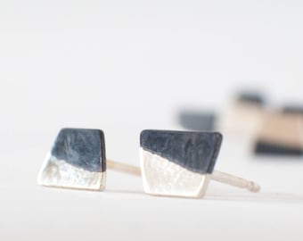 Silver and Black Tiny Stud Earrings , Minimalist Trapeze Mismatched studs , Handmade Silver Earrings
