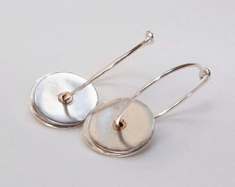 Silver Disc Hoop Earrings , Layered Discs Drop Earrings with Gold filled center , Silver Disk Earrings