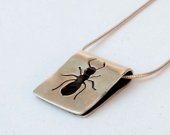 Silver Ant Necklace , Black Insect Silver Pendant , Black Ant Folded Pendant Necklace