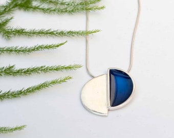 Blue Necklace , Blue Pendant Silver Necklace , Round Blue Cold Enamel Jewelry