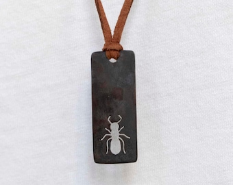 Black Ant Necklace , Bug Pendant Necklace , Insect Brass Pendant , Black Ant Brass Pendant Vegan Leather Necklace