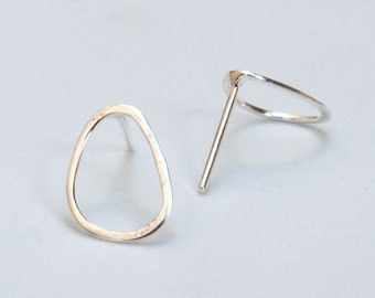 Silver Pebble Earrings , Minimalist Free Form studs , Irregular Oval Delicate Earrings