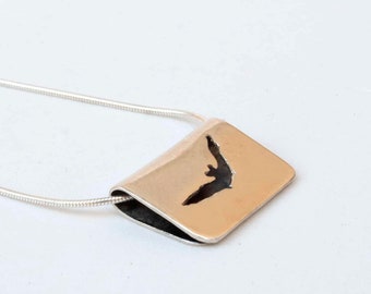 Silver Bat Necklace , Flying Black Bat Folded Pendant , Animal Necklace , Bird Pendant