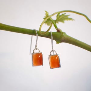 Orange Earrings , Orange Agate Silver Dangle Earrings , Dainty Rectangle Agate Earrings