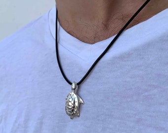Silver Turtle Pendant Leather Necklace , Silver Tortoise Necklace
