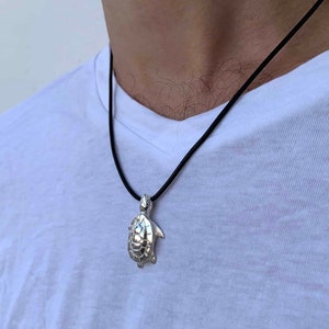 Silver Turtle Pendant Leather Necklace , Silver Tortoise Necklace