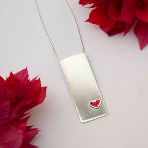 Red Heart Necklace , Love Necklace , Silver Bar Necklace , Bright Red Cold Enamel Heart Silver Pendant image 4