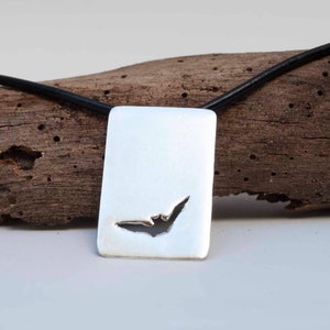 Bat Necklace , Silver Bat Pendant Leather Necklace , Flying Bat Silver Bar Pendant , Gift for Boyfriend image 1