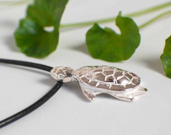 Silver Turtle Pendant Leather Necklace , Silver Tortoise Necklace