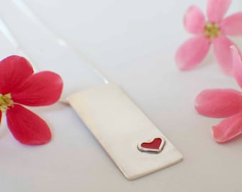 Red Heart Necklace , Love Necklace , Silver Bar Necklace , Bright Red Cold Enamel Heart Silver Pendant