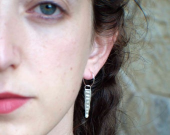 Silver Dangle Bar Hoop Earrings , Dainty Hammered Abstract Earrings , Everyday Dangle Earrings
