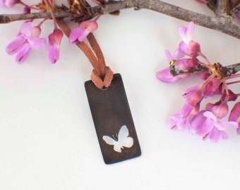 Black Butterfly Necklace , Black Brass Butterfly Pendant Leather Necklace