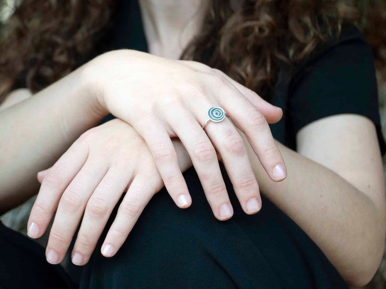 Silver Black Circles Ring , Disc Ring , dainty everyday ring , Asymmetrical Ring image 1