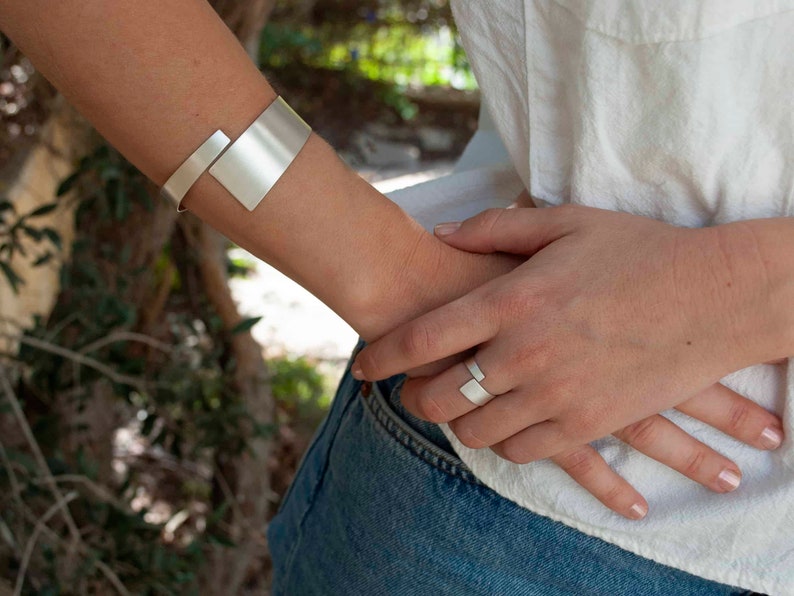 Silver Wrap Bracelet Ring Set , Adjustable Thumb Ring and Bangle Bracelet Set , Wrap Ring Arm Cuff Set image 6