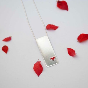 Red Heart Necklace , Love Necklace , Silver Bar Necklace , Bright Red Cold Enamel Heart Silver Pendant image 5