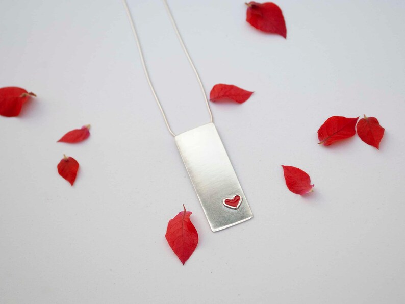 Red Heart Necklace , Love Necklace , Silver Bar Necklace , Bright Red Cold Enamel Heart Silver Pendant image 5