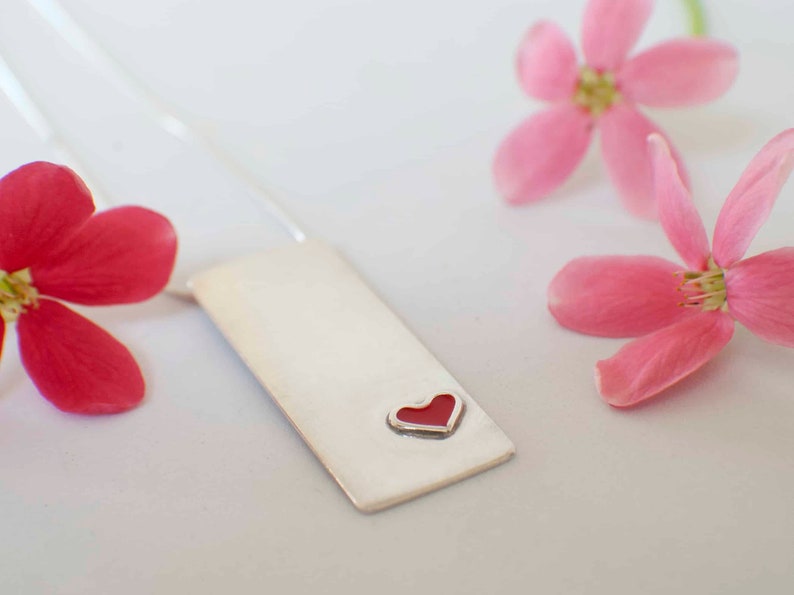 Red Heart Necklace , Love Necklace , Silver Bar Necklace , Bright Red Cold Enamel Heart Silver Pendant image 1