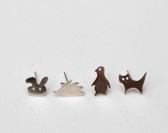 Cute Animal Silver Stud Earrings , Mix and Match Hedgehog Cat Penguin Bunny Earrings