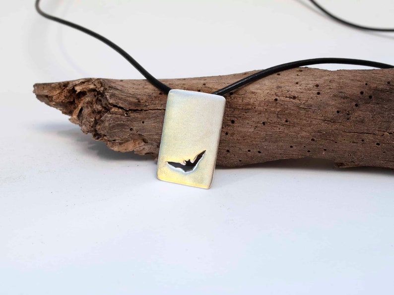 Bat Necklace , Silver Bat Pendant Leather Necklace , Flying Bat Silver Bar Pendant , Gift for Boyfriend image 10