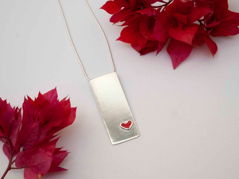 Red Heart Necklace , Love Necklace , Silver Bar Necklace , Bright Red Cold Enamel Heart Silver Pendant image 4