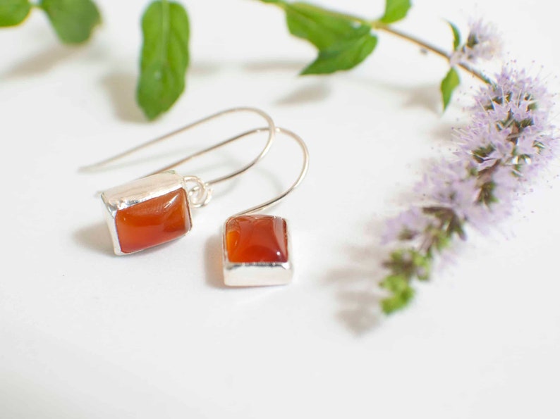 Orange Earrings , Orange Agate Silver Dangle Earrings , Dainty Rectangle Agate Earrings image 4