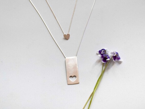 Mother Daughter Necklace Set , Silver Hearts Layered Cutout Heart Bar and Heart Charm , Double Necklace Set