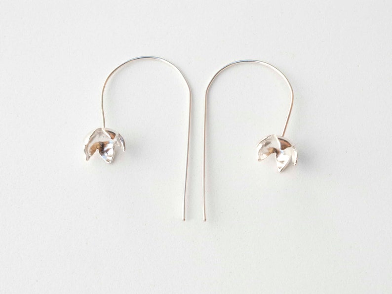 Silver Flower Drop Earrings , Dainty Anemone Earrings image 2