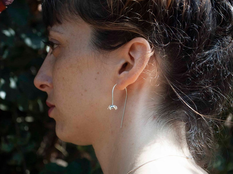 Silver Flower Drop Earrings , Dainty Anemone Earrings image 4