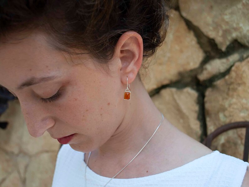 Orange Earrings , Orange Agate Silver Dangle Earrings , Dainty Rectangle Agate Earrings image 9