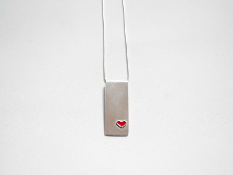 Red Heart Necklace , Love Necklace , Silver Bar Necklace , Bright Red Cold Enamel Heart Silver Pendant image 6